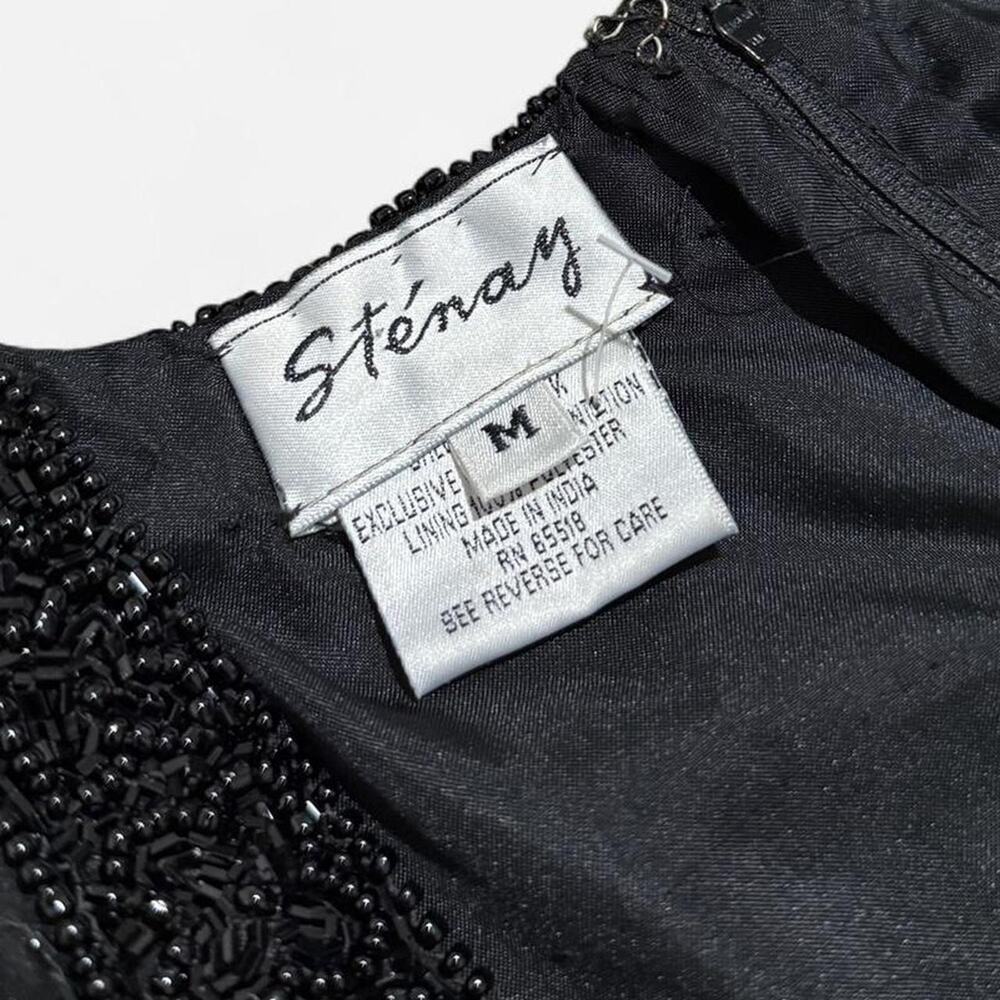 VTG 80s/90s Stenay Black 100% Silk Beaded V Neck Goth Glam Top w Shoulder Pads - Picture 8 of 8